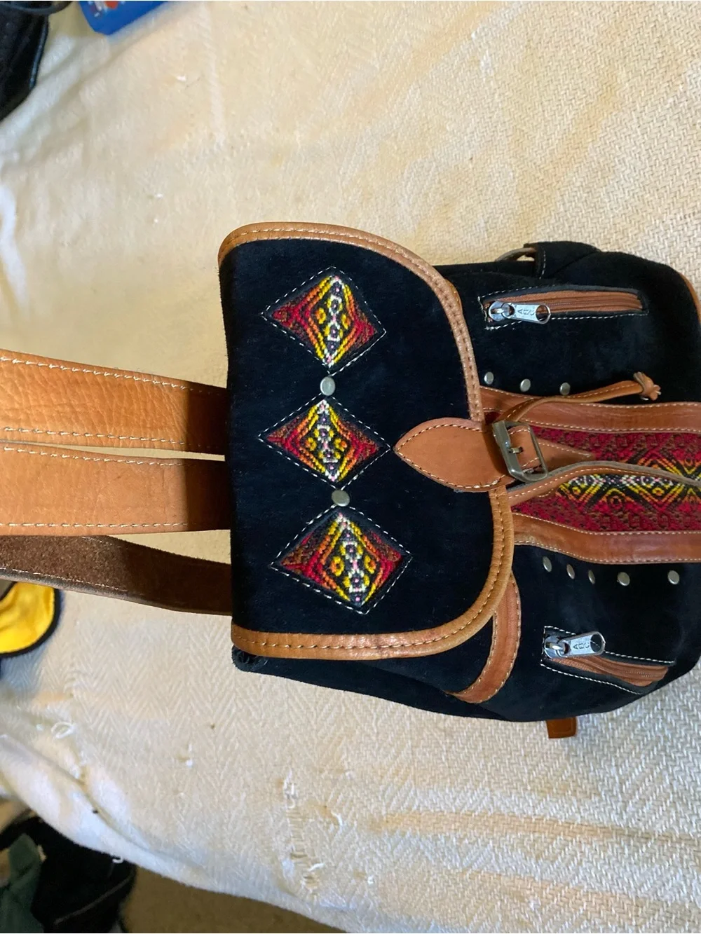 Midsize Black & Brown Embroidered Suede Backpack
